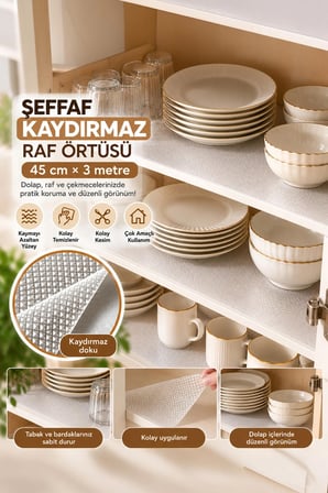 Porsima RF25 Şeffaf Kaydırmaz Raf Örtüsü 45 Cm x 3 Metre - Pıtırık Doku Mutfak Çekmece Ve Dolap İçi Koruyucu Örtü