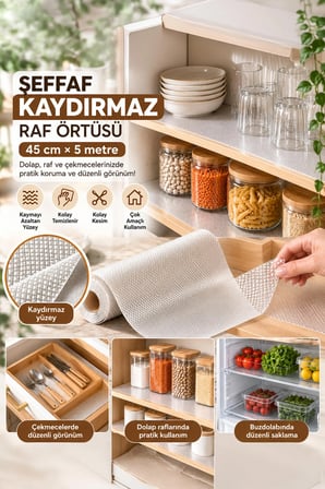Porsima RF55 Şeffaf Kaydırmaz Raf Örtüsü 45 Cm x 5 Metre - Pıtırık Doku Mutfak Çekmece Ve Dolap İçi Koruyucu Örtü