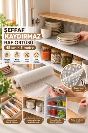 Porsima RF55 Şeffaf Kaydırmaz Raf Örtüsü 45 Cm x 5 Metre - Pıtırık Doku Mutfak Çekmece Ve Dolap İçi Koruyucu Örtü
