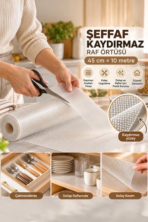 Porsima RF84 Şeffaf Kaydırmaz Raf Örtüsü 45 Cm x 10 Metre - Pıtırık Doku Mutfak Çekmece Ve Dolap İçi Koruyucu Örtü
