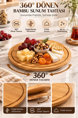 Porsima Pbt-342 360 Derece Döner Bambu Sunum Tepsisi 28 Cm - Yuvarlak Ahşap Peynir, Pasta & Kahvaltı Sunum Tahtası