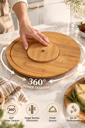Porsima Pbt-342 360 Derece Döner Bambu Sunum Tepsisi 28 Cm - Yuvarlak Ahşap Peynir, Pasta & Kahvaltı Sunum Tahtası