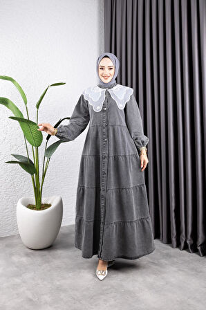 Kadın Düğmeli Dantel Yaka Kot Tesettür Elbise