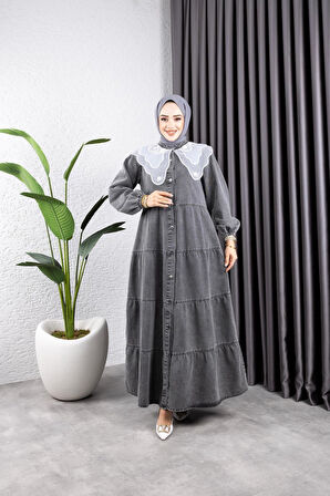 Kadın Düğmeli Dantel Yaka Kot Tesettür Elbise