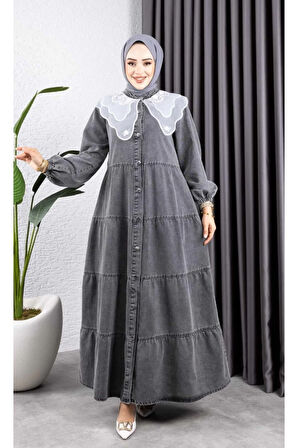 Kadın Düğmeli Dantel Yaka Kot Tesettür Elbise