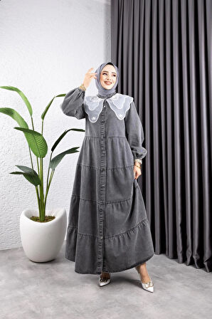 Kadın Düğmeli Dantel Yaka Kot Tesettür Elbise