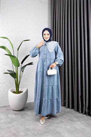 Kadın Düğmeli Dantel Yaka Kot Tesettür Elbise