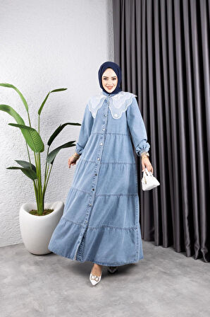 Kadın Düğmeli Dantel Yaka Kot Tesettür Elbise