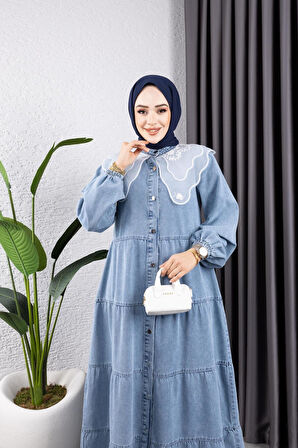 Kadın Düğmeli Dantel Yaka Kot Tesettür Elbise