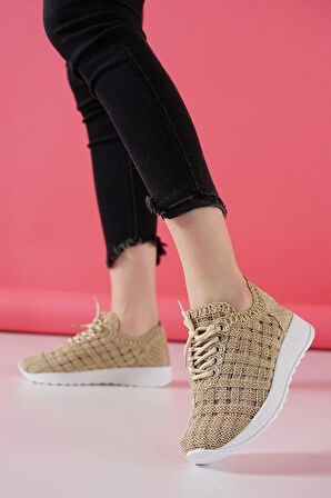 DANTEL Zarif Tasarım Model Dantel Tasarım Kadın Spor Ayakkabı Krem