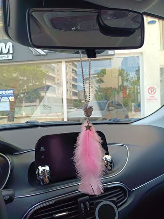 Pandalı Model Metal Yıldız Dikiz Ayna Süsü Şeker Pembe Tüylü