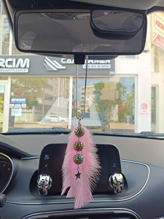 Disko Toplu Metal Yıldız Dikiz Ayna Süsü Şeker Pembe Tüylü