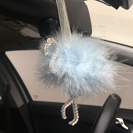 Flamingo Gümüş Pleksi Taşlı Dikiz Ayna Süsü Mavi Tüylü