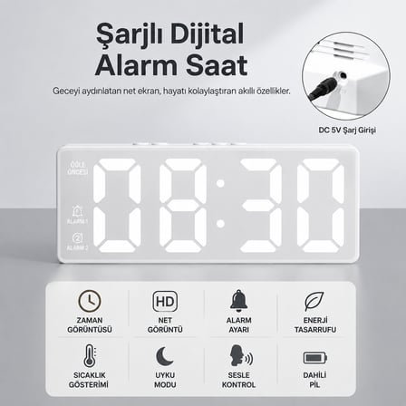Dijital Masa Saati – Alarm Erteleme, Gece Modu ve Ses Kontrollü Akıllı LED Saat - Beyaz