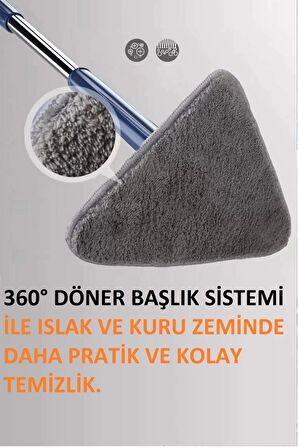 360 Derece Sihirli Teleskobik Hazneli Üçgen Mikrofiber Mop Paspas Islak Kuru Parke