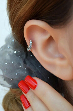 Zirkon Taşlı Burgulu Halka Helix Piercing Kıkırdak Lob Gümüş Renk Tek Adet