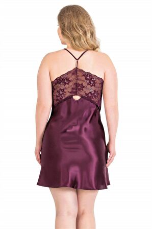 Büyük Beden Mürdüm Kısa Saten Gecelik