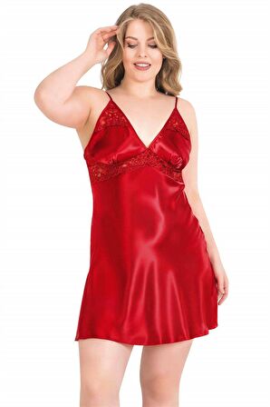 Büyük Beden Kırmızı Kısa İkili Saten Sabahlık Gecelik Takımı