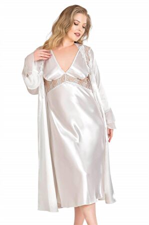 Büyük Beden Ekru Uzun İkili Saten Sabahlık Gecelik Takımı