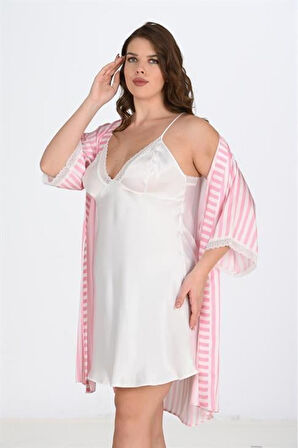 Ahu 2li Beyaz-Pembe Sabahlık Takımı Bigsize 6210