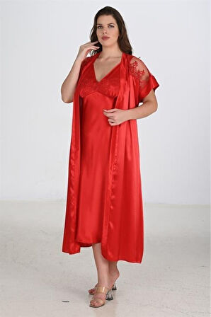 Ahu 2li Kırmızı Sabahlık Takımı Bigsize 6226