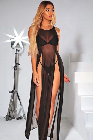 Siyah Yanlardan Yırtmaçlı Uzun Gecelik 68000S