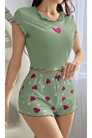 Yeşil Çilek Desenli Askılı Şortlu Pijama Takım