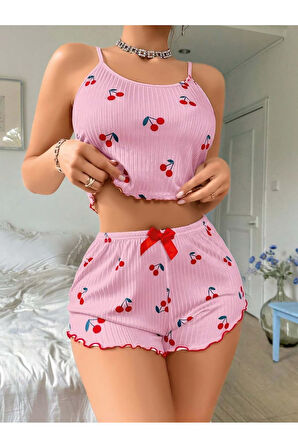 Pembe Kiraz Desenli Askılı Şortlu Pijama