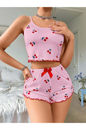 Pembe Kiraz Desenli Askılı Şortlu Pijama
