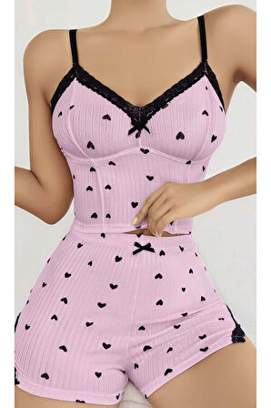 Pembe Kalp Desenli Askılı Şortlu Pijama Takım