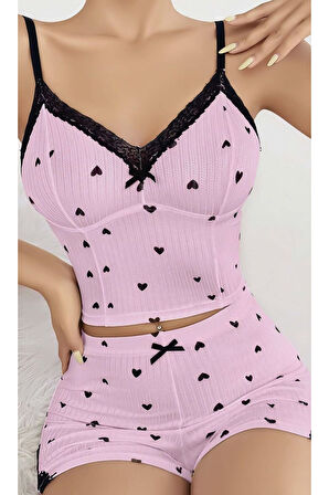 Pembe Kalp Desenli Askılı Şortlu Pijama Takım