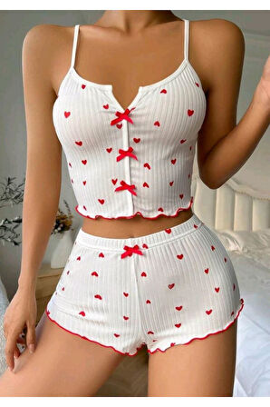 Beyaz Fiyonk Desenli Kalpli Askılı Şortlu Pijama Takım
