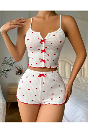 Beyaz Fiyonk Desenli Kalpli Askılı Şortlu Pijama Takım