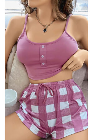 Pembe Kareli Desenli Askılı Şortlu Pijama Takım