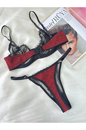 Özel Tasarım Dantel İşlemeli  Bordo Desteksiz Bralet Takımı