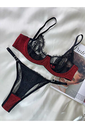 Özel Tasarım Dantel İşlemeli  Bordo Desteksiz Bralet Takımı