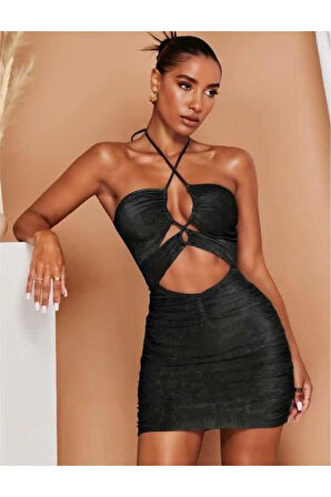Siyah Simli Boyundan Bağlamalı Göğüs Dekolteli Mini Club Elbisesi