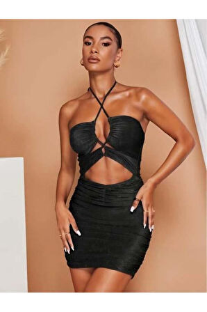 Siyah Simli Boyundan Bağlamalı Göğüs Dekolteli Mini Club Elbisesi