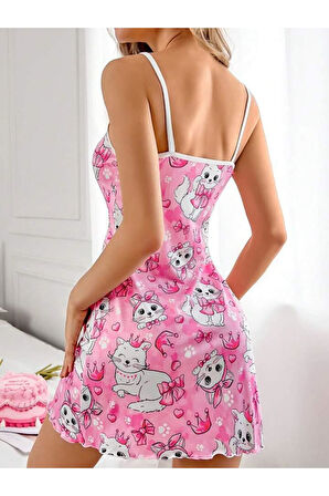 Pembe Kedi Desenli Fantezi Gecelik