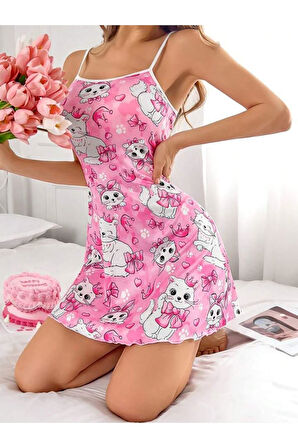 Pembe Kedi Desenli Fantezi Gecelik