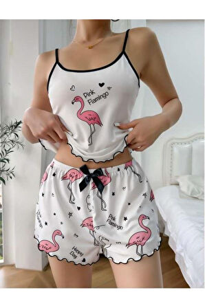 Pink Flamingo Desenli Askılı Şortlu Pijama Takımı