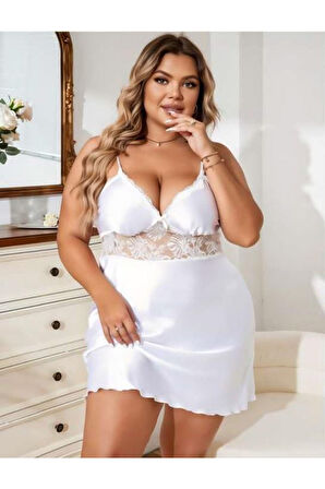 Büyük Beden Beyaz Dantel İşlemeli Saten Gecelik