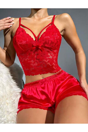 Kırmızı Dantelli Büstiyer İnce Askılı Saten Şortlu Takım
