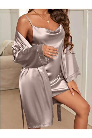 Degajeli İnce Askılı Vizon Saten 2'li Gecelik Sabahlık Takımı