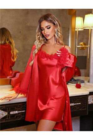 Kırmızı Püsküllü İnce Askılı Saten 2'li Gecelik Sabahlık Takımı