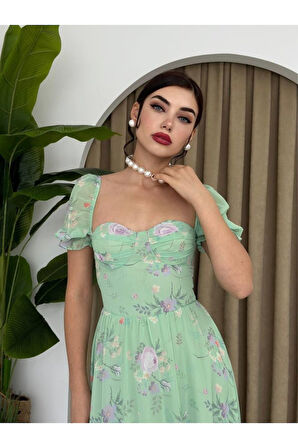 ŞİFON KUMAŞ DİJİTAL DESEN BASKILI ELBİSE