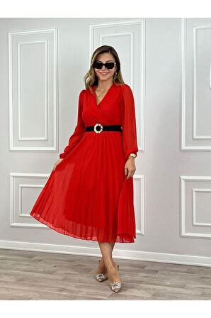 Kadın şifon Kumaş Astalı Kloş Kesim Kruvaze Yaka Midi Boy Elbise