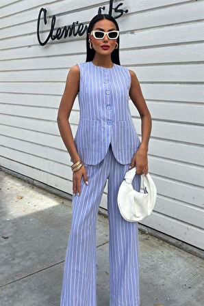 Çizgili Viscon Keten Yelekli Rahat Takım 10121