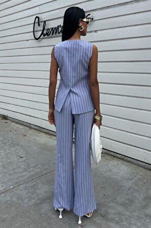 Çizgili Viscon Keten Yelekli Rahat Takım 10121