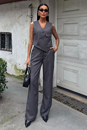 Yeleği Çapraz Detay Düğmeli Cepli Yelekli Takım 10150